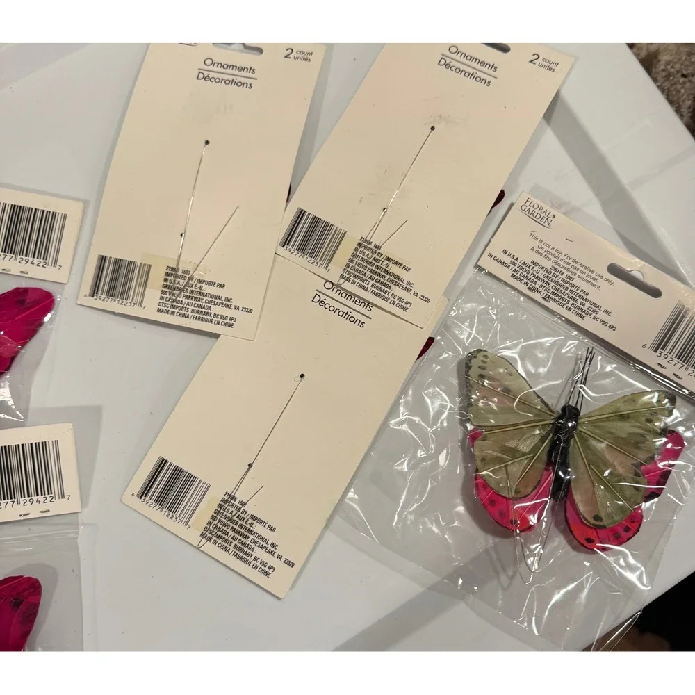 Floral Garden Butterfly Ornaments Pink Red Feather Picks Set of 9 NEW